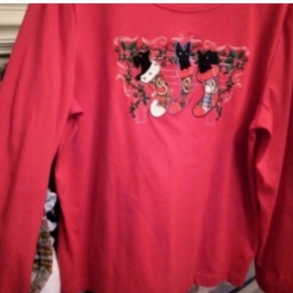 Cappagallo Women's Red Holiday Shirt L With Stocking & Black Scottish Terriers